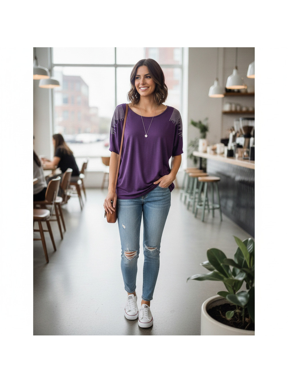 018 Espresso Purple Studded Shoulder Dolman Ruched Side Top Small MIT5949